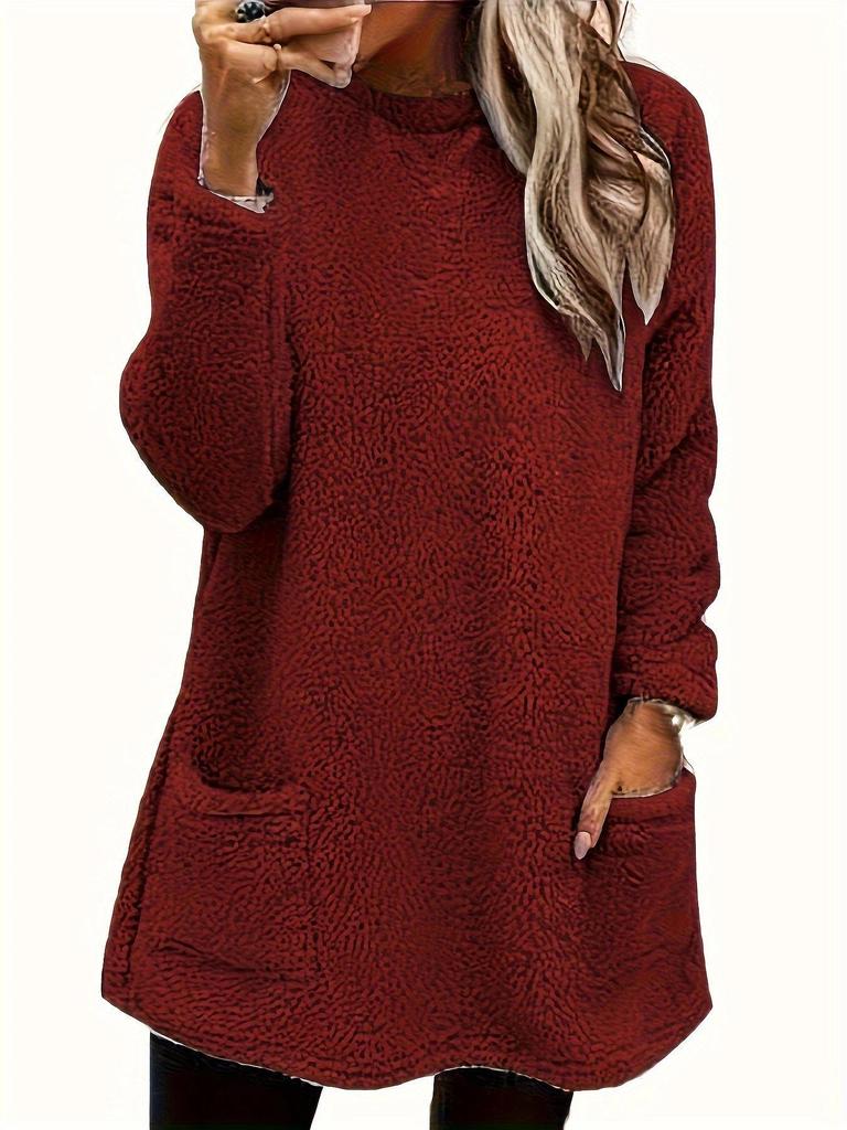 Women's Casual Long-Sleeve Plush Sweater with Pockets, Autumn/Winter Collection