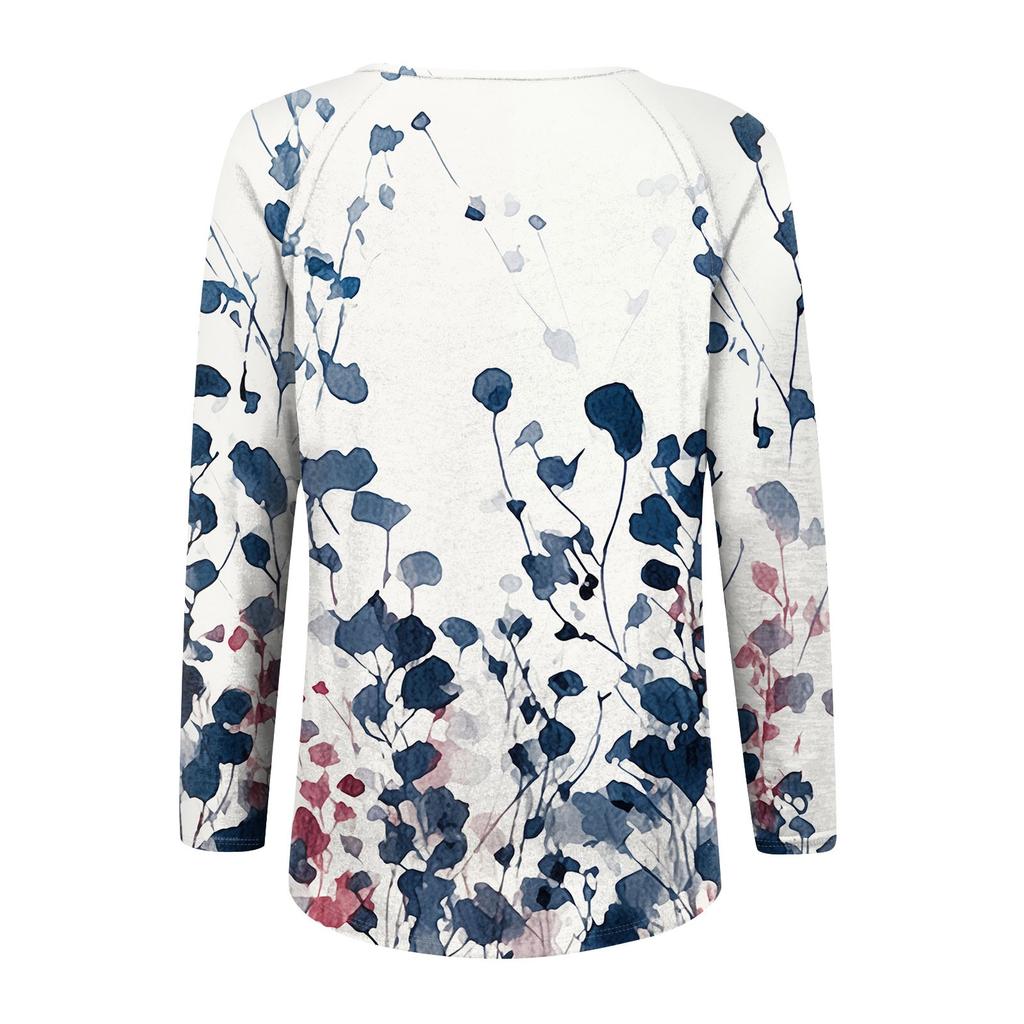 Women's Fashion Loose T-Shirt V-Neck Long Sleeve Vintage Floral Print Casual Top