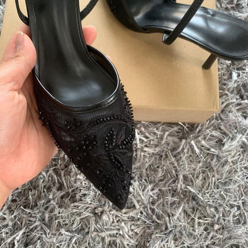 Black Embroidered Mesh Slingback High Heels Sandals for Women Shoes Woman Elegant Style Wedding Party Pumps