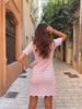 Sexy Hollow Out V-neck Short Sleeve Striped Knit Beach Mini Dress 2025 Summer Women's Vacation Beachwear Swimsuit Cover Up K194