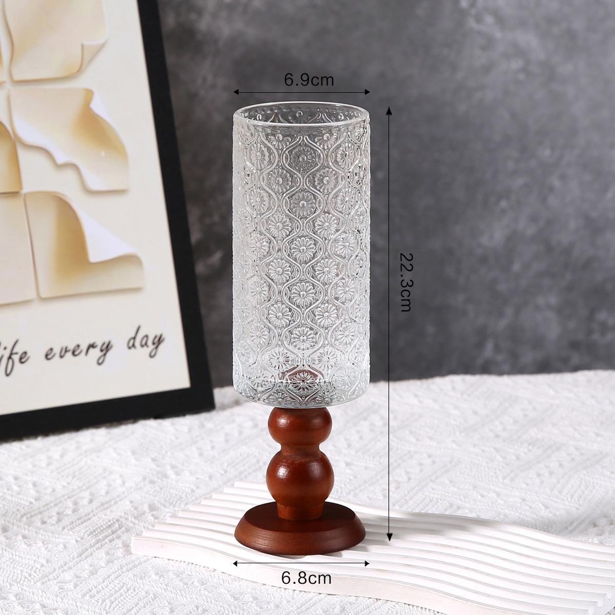 

Vintage Flower Vase Wooden High Footed Glass Flower Bottle Desktop Decoration Home Interior Decoration Relief Patterned Vase