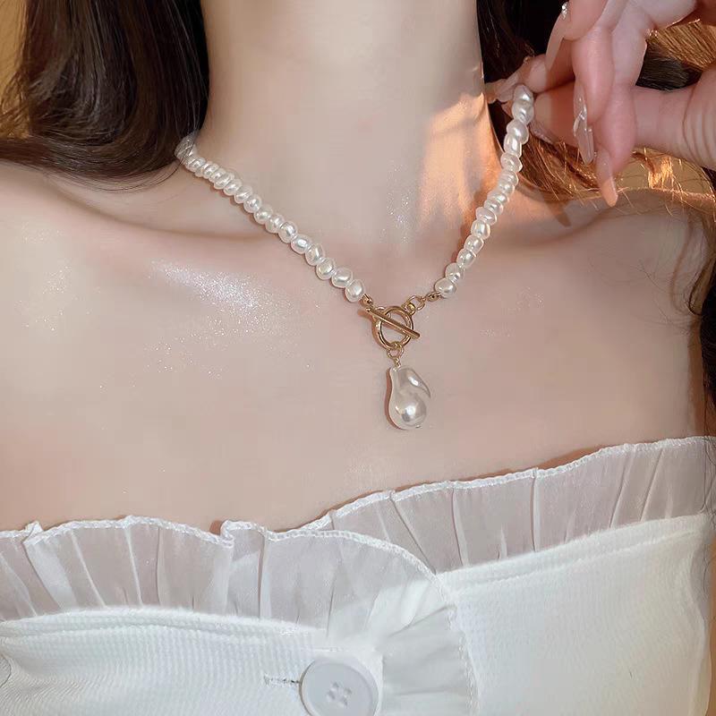 Irregular Baroque Glass & Pearl Layered Sweater Chain Necklace for Women
