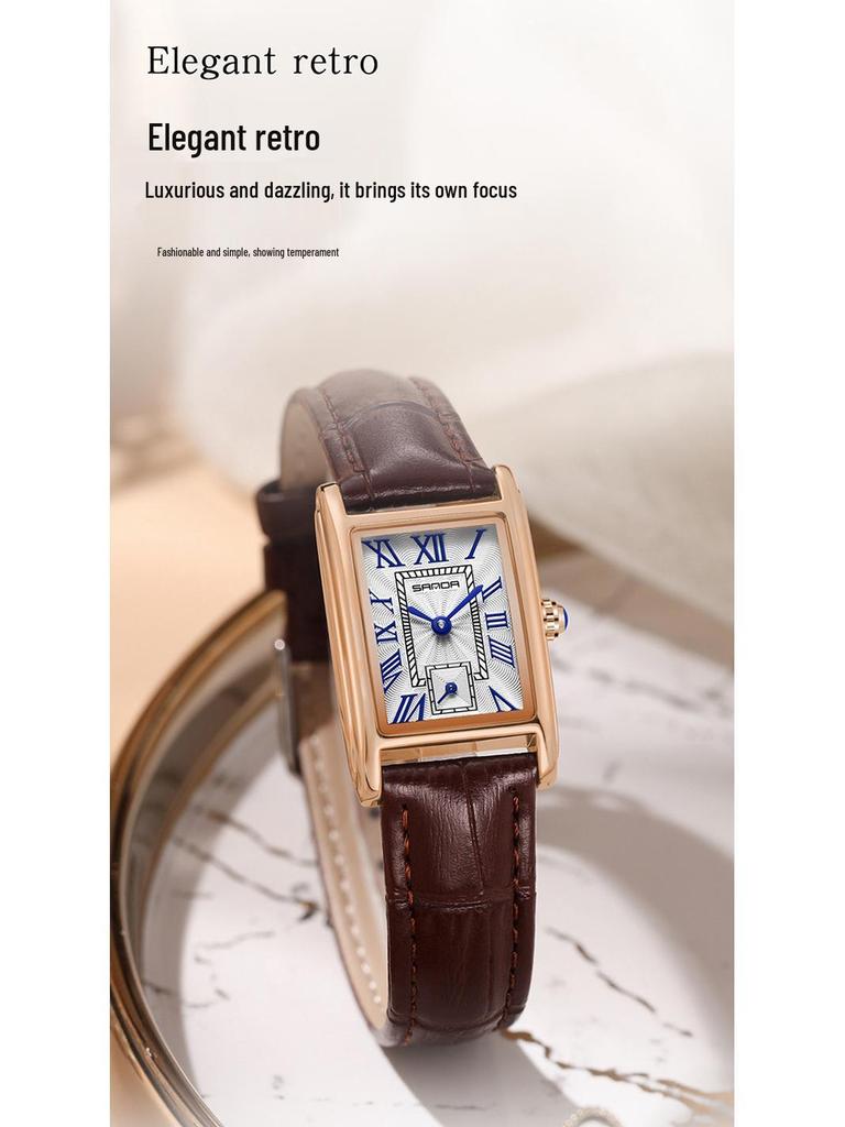 Stylish Sanda Square Steel & Leather Quartz Watch with Roman Numerals, Waterproof Design for Women