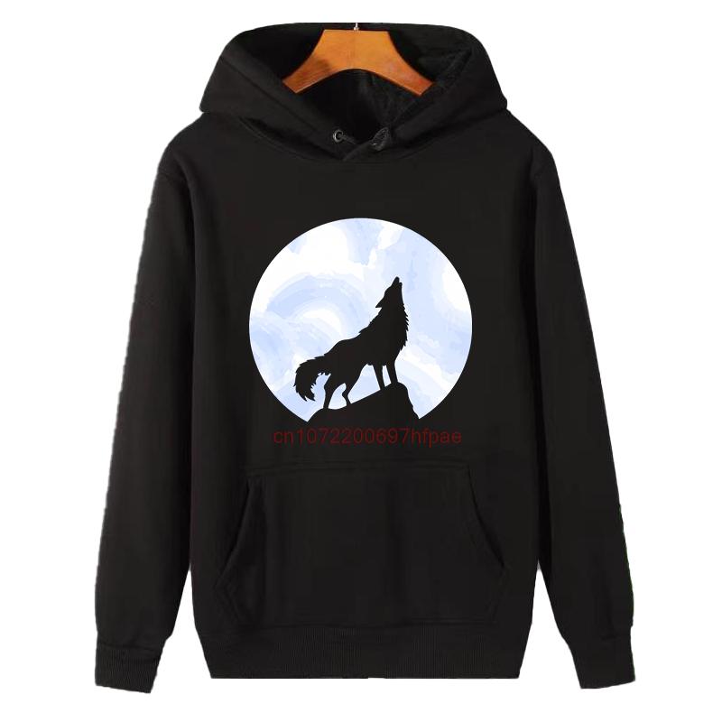 Howling Wolf At Blue Moon Funny Graphic Hooded Sweatshirts Fashion Winter Essentials Thick Sweater Unisex Winter Sweater
