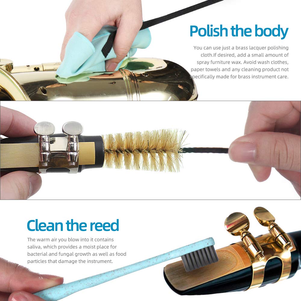 Saxophone Cleaning Kit: Includes case for altotenor saxophone, clarinet, and flute, saxophone cleaning cloths (4 pieces), and mouthpiece brush (light
