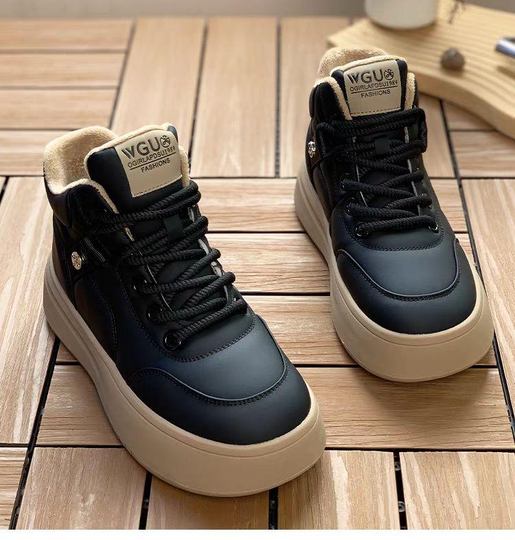 Women's High-Top Leather Sneakers: 2025 Autumn/Winter Thick-Soled Plus Velvet Warm Casual Shoes