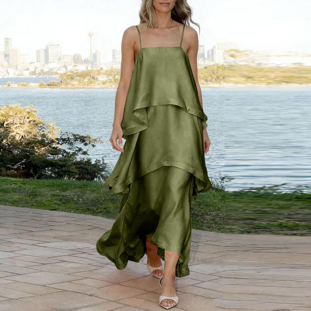Women's Satin Slip Dress Layered Tiered Ruffle Hem Sleeveless Loose Fit Vacation Midi Dress with Adjustable Straps