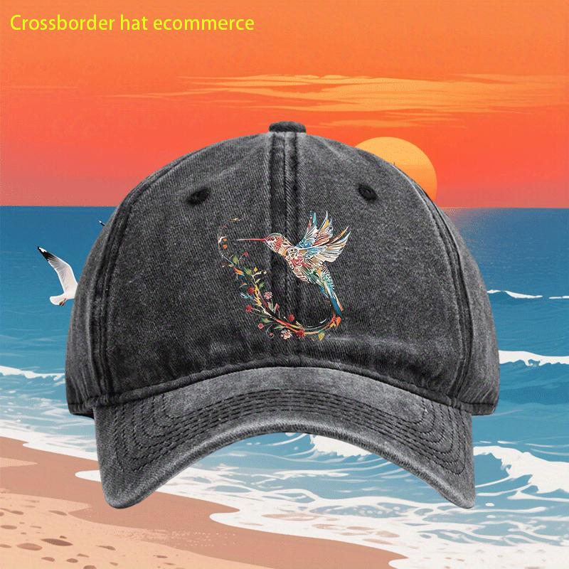Hummingbird Print Denim Washed Baseball Cap Vintage Denim Soft Adjustable Outdoor Unisex Hat