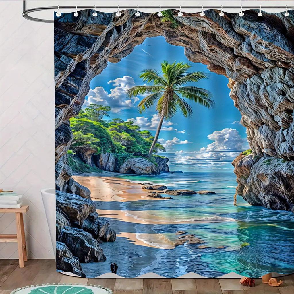Beach Shower Curtain Tropical Island Ocean View Rock Cave Design Nature Art Modern Bathroom Decor Waterproof Printed Bath