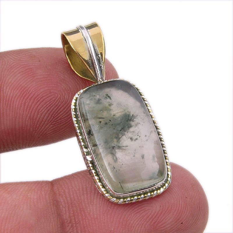 

Natural Prehnite Gemstone 925 Solid Sterling Silver Two Tone Pendant 1.50 k2y60
