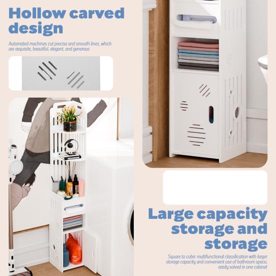 Small Bathroom Storage Cabinet Cabinet, Over The Toilet for Skinny Rack Corner Floor, Narrow with Paper Dispenser, Trash Can & Shelves (White)