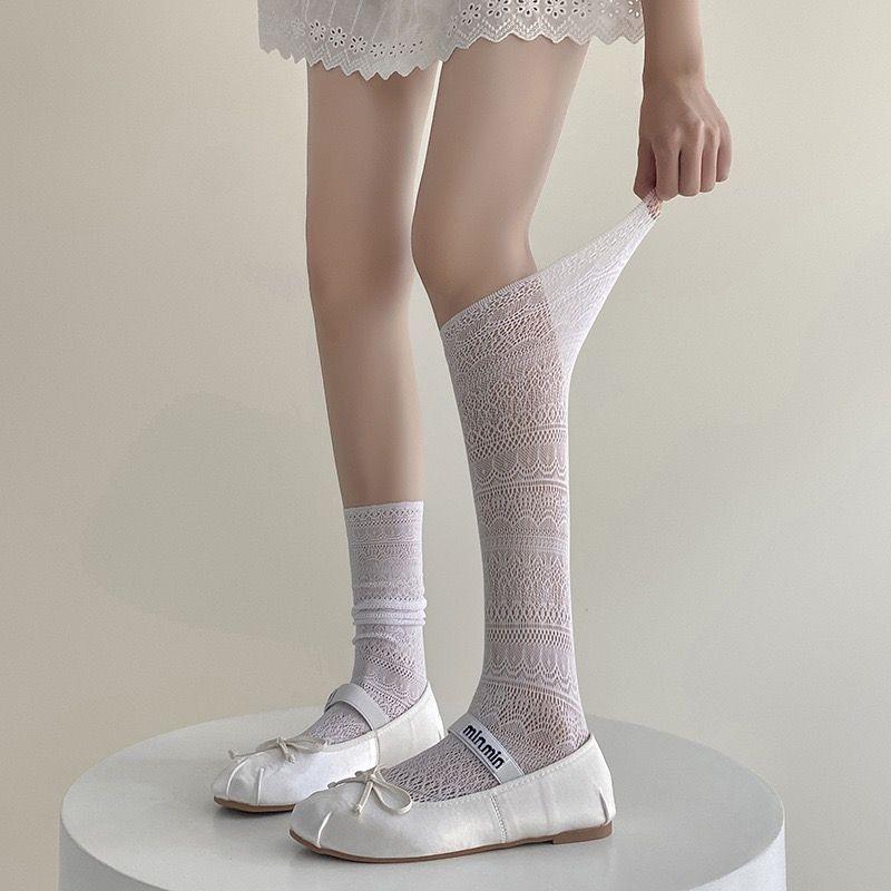 White Calf Socks Stacking Socks Women's Summer Black Thin Women's Medium Tube Tide Socks Breathable Outer Wear Flower Lace Stockings