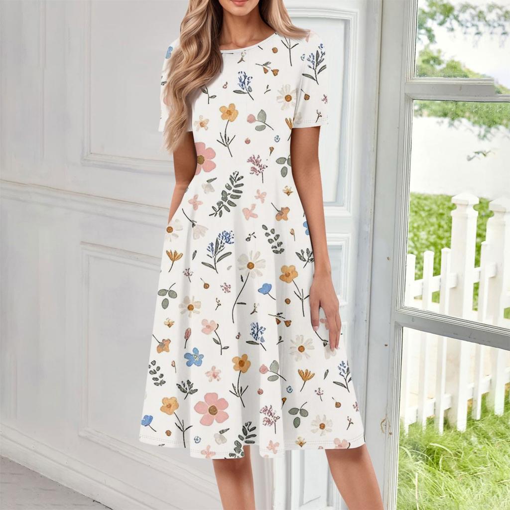 Dámské ležérní módní kulatý výstřih s krátkým rukávem a květinovým potiskem, midi šaty