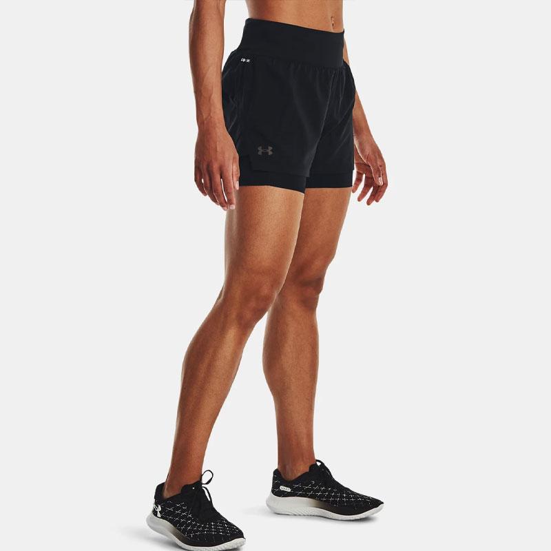 Under Armour Solid Color Elastic Waist 2-In-1 Running Shorts Women Bottoms Black 1376759-001