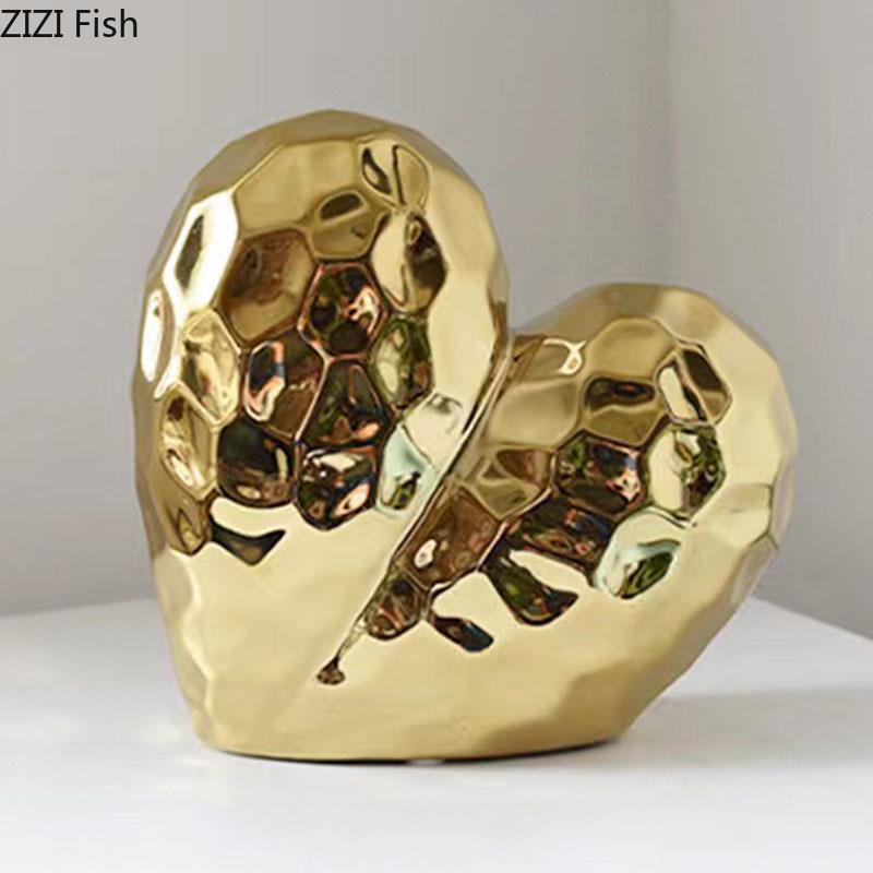 Gold Plated Heart Shape Ceramic Statue Crafts Ornaments Desk Decoration Golden Heart Minimalist Sculpture Modern Home Decor
