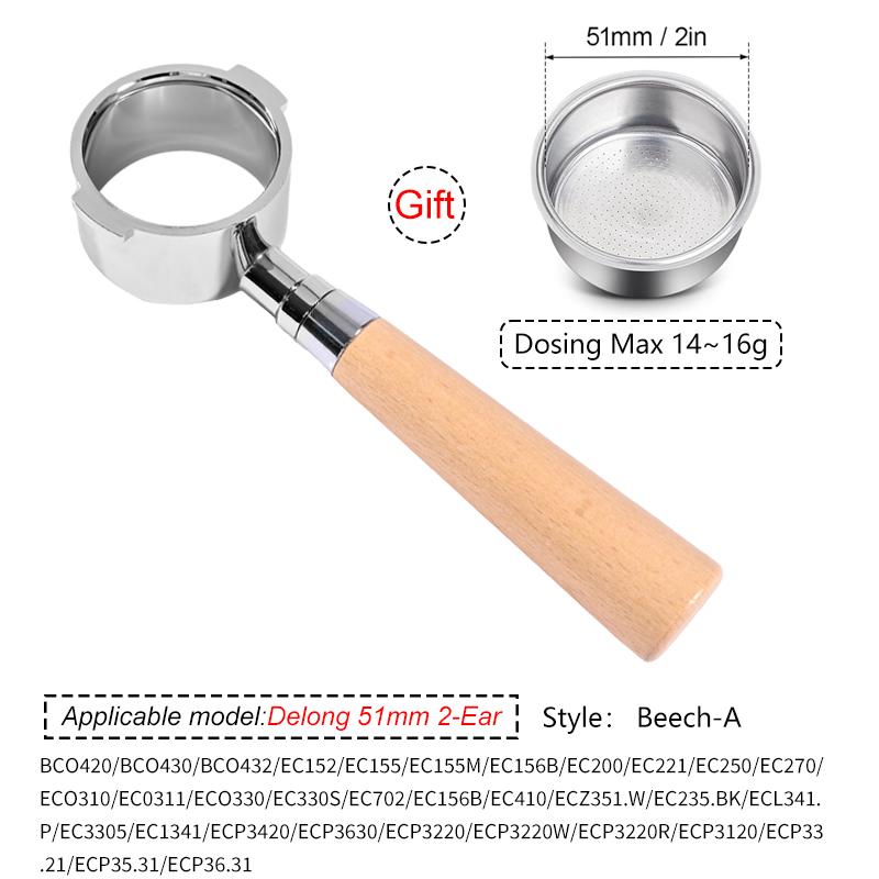 

51mm 2 Ear Coffee Portafilter For Delonghi EC200/EC221/ECP33.21/ECO310 Stainless Steel Bottomless Portafilter With 2-Cups Basket