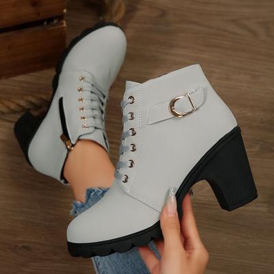 Large Size Autumn and Winter New High-heeled Women's Boots Cross-strapped Short Boots Thick-heeled Martin Boots Leather Boots Women