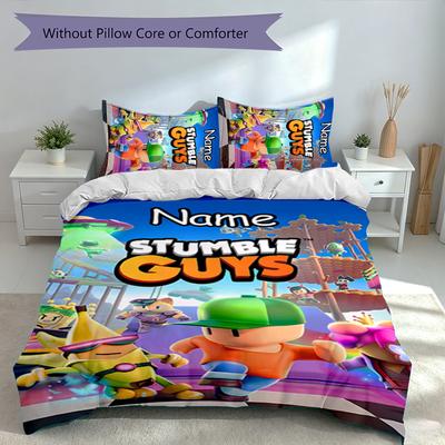 Ensemble de literie Stumble Guys avec nom personnalisé 3 pièces, Comprend 1 housse de couette et 2 taies d'oreiller, Décor de chambre toutes saisons