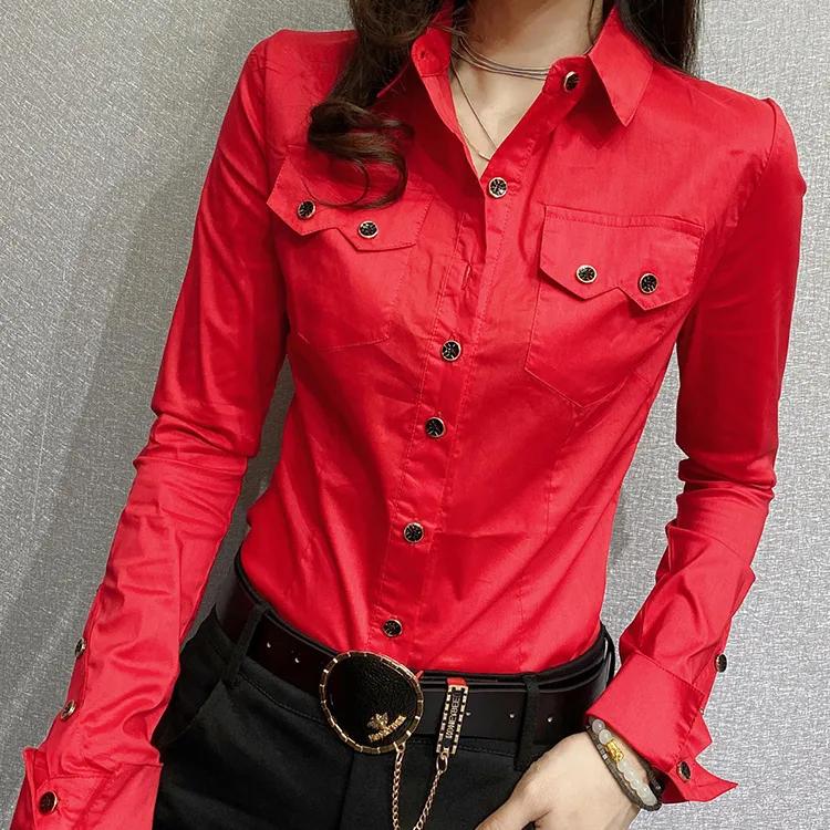 Spring Women's Long Sleeve Green Shirts Autumn Office Lady Pocket Blouses Women Button Up Tops
