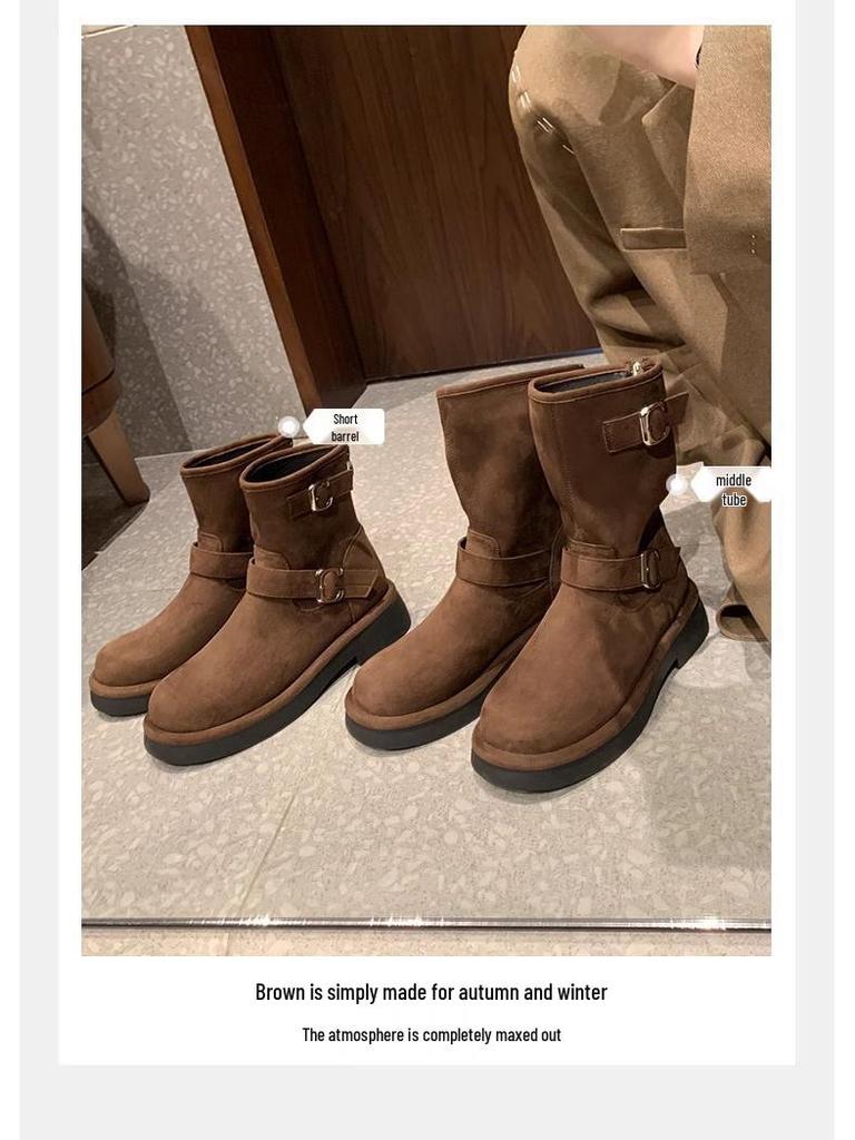 Women's Retro Motorcycle Buckle Boots - 2025 New Skinny Design, Round Toe, Thick Sole, Chunky Heel, Height Increasing, Mid-Calf, Autumn/Winter Style.