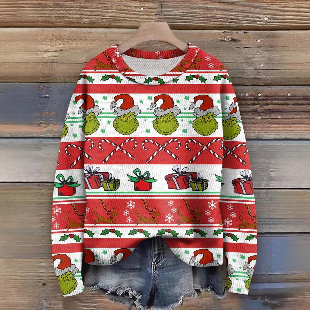 Long Sleeve Pullover Sweaters For Women O Neck Casual Cute Printing Knit Oversized Sweater