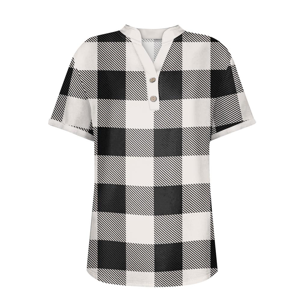 Women's Casual Fashion V-Neck Button Plaid Printed Short Sleeve Top