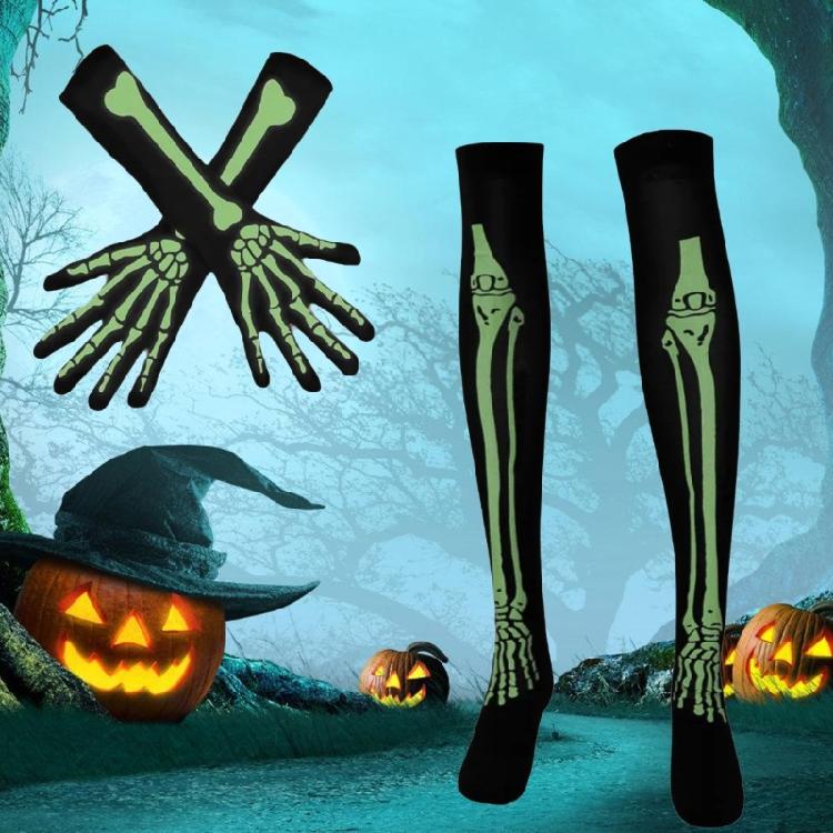 Halloween Skeleton Knees High Socks Skeleton Gloves Luminous Stocking Socks Halloween Cosplay Accessories
