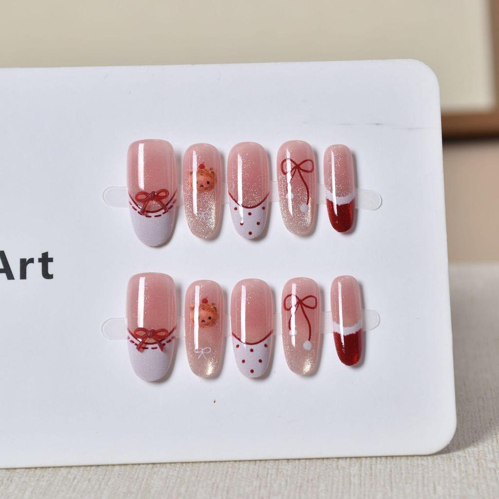Red Cat Eye Bow Nail Tips - Medium-Long Wearable False Nails for New Year Nail Art