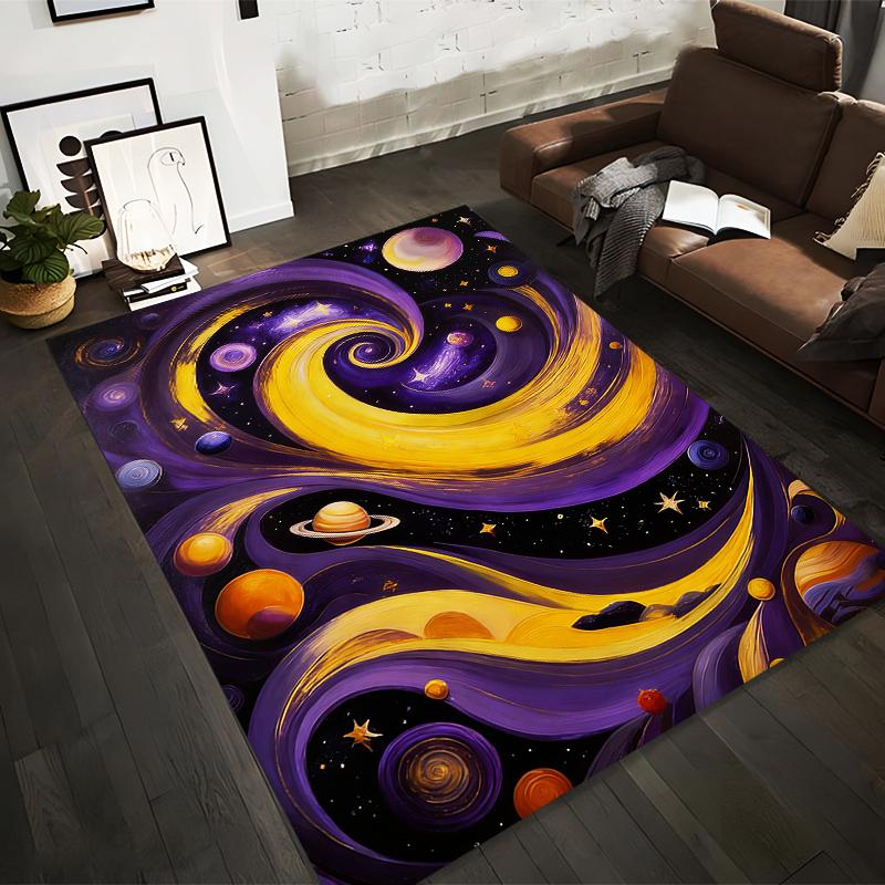 Galaxy-Inspired Rug with Golden Swirls, Planets, and Starry Sky Suitable for use as an anti-slip for living room bedroom sofas