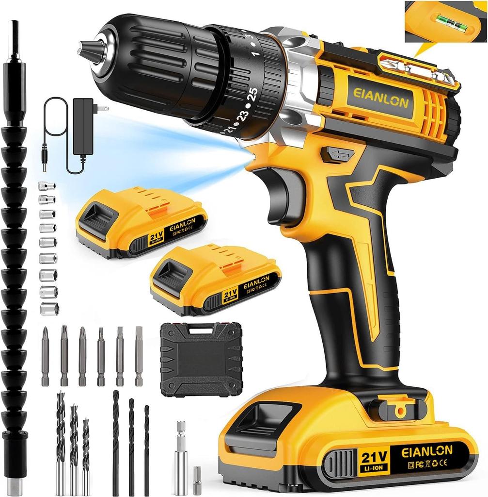 Electric Drill for 21V Cordless Drill Maximum Torque Stepless Speed Compact Design for DIY Furniture LED Includes Two 2000mAh Batteries Multi-function