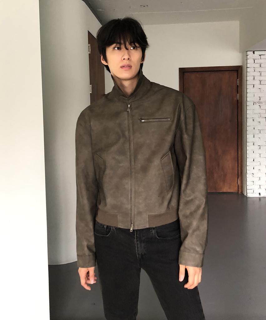 Veste Blouson Col en Cuir Daim THEY_Marron