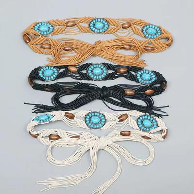 Ethnic Style Waist Rope Middle Eastern Boho Alloy Turquoise Resin Bead Weaving Knotted Women's Waist Rope