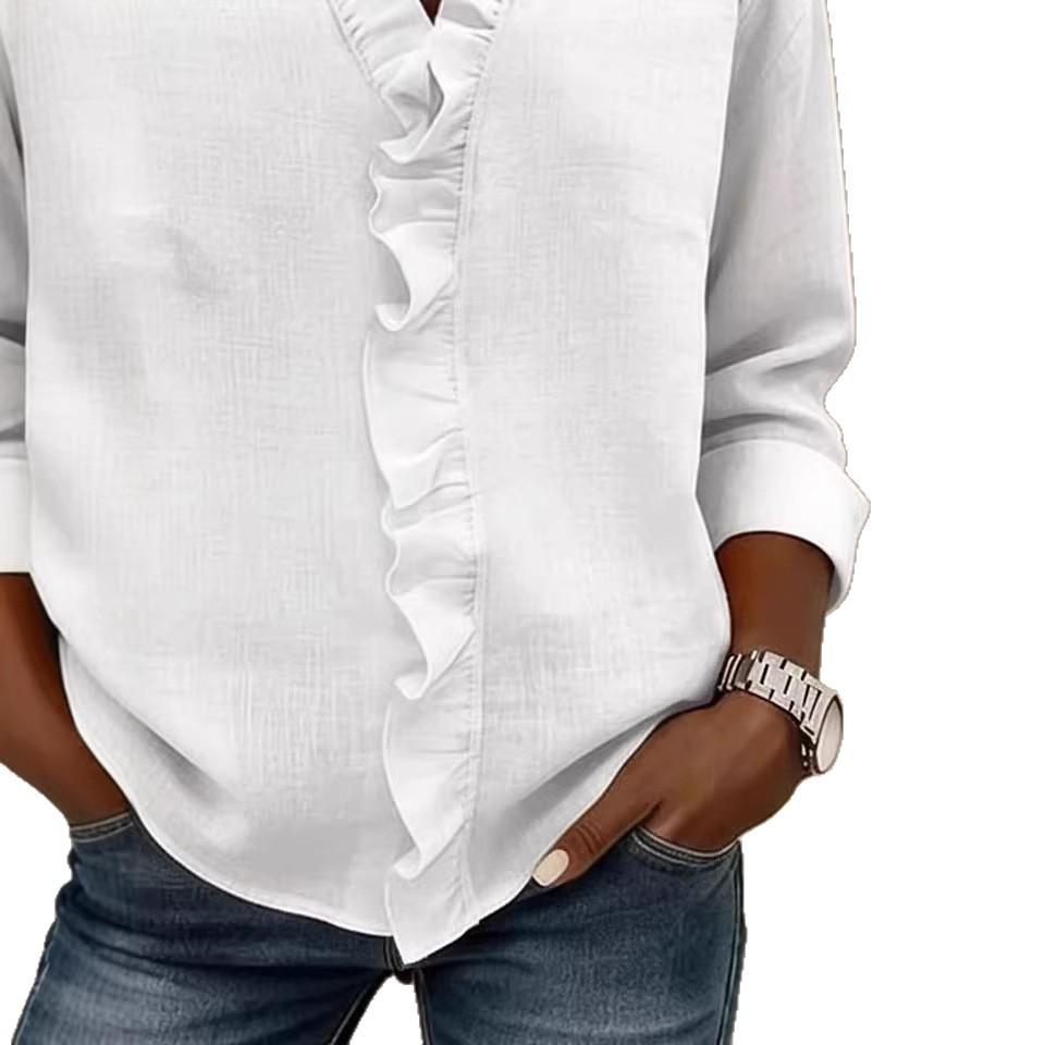 European Spring 2026 Women's Ruffle-Trim Cotton Long-Sleeve Shirt