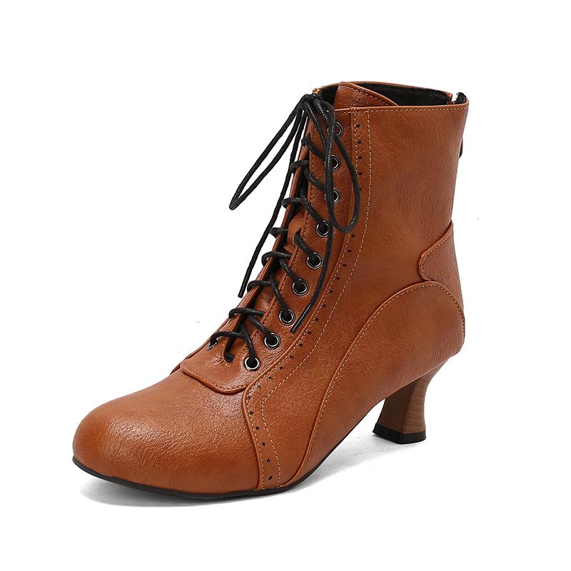 New Lace Up Ladies High Heel Shoes Strange Steampunk Boot Victorian Ankle Boots Women Pointed Toe Thick Soled Short Boots