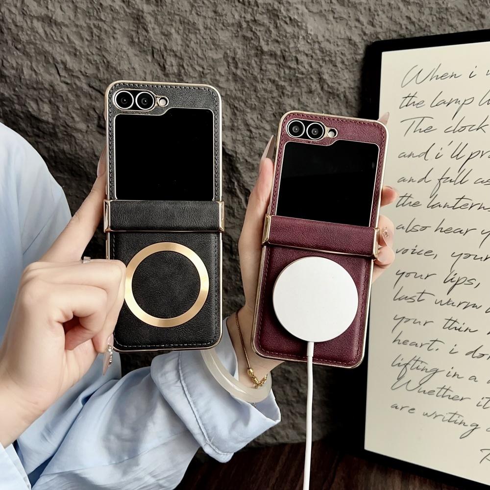 Busienss Vergoldetes Leder Magsafe Hülle für Samsung Galaxy Z Flip 7 6 5 4 3 Flip7 Flip6 Kabelloses Laden Scharnierschutzhülle