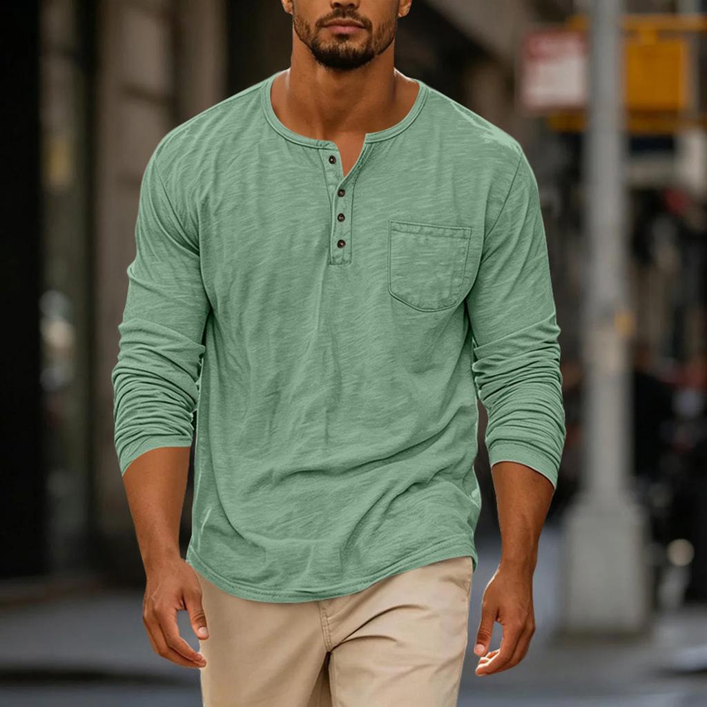 Men's Casual Long Sleeve Round Neck Shirt with Button Front and Pockets