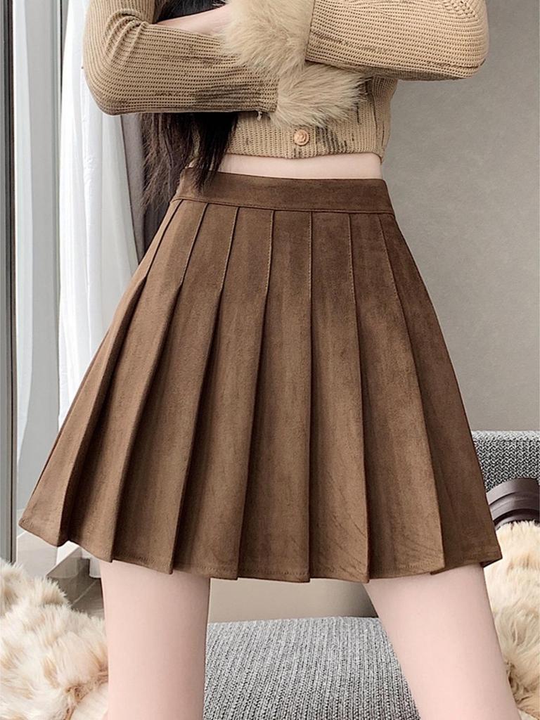 Coffee Maillard Suede A-line Pleated Skirt - Women's Autumn/Winter Petite Leather-look Skirt