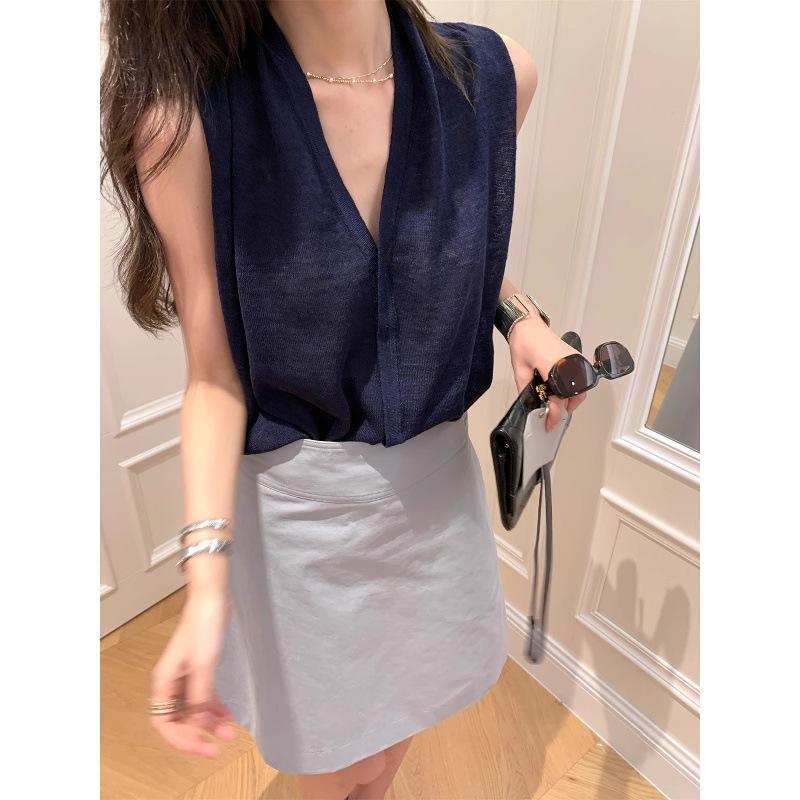 Hong Kong style retro high-end brown V-neck linen knitted vest women's summer thin outer wear sleeveless temperament top