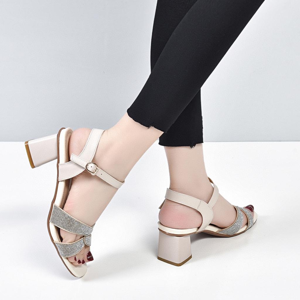 High-heeled sandals women's shoes 2025 summer open-toed square-heeled one-word buckle sandals simple rhinestone mid-heel cowhide fairy shoes