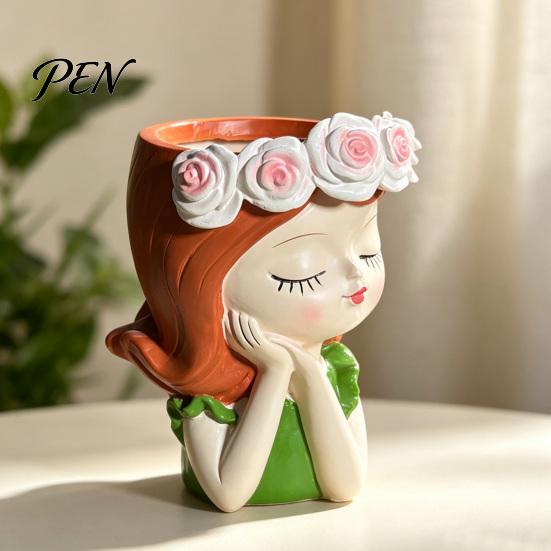 Whimsical Home Decor Cute Girl Resin Planter, Head Planter with Rose Garland, Decorative Indoor Plant Container for Succulents Cactus Desk Desktop
