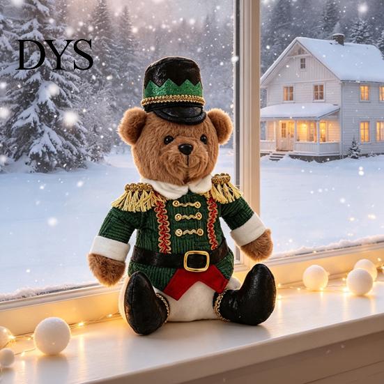 Winter Holiday Fireplace Decoration Christmas Soldier Bear Nutcracker Plush Figurine, Red Green Uniform Sitting Decor Doll for Home, Soft Stuffed