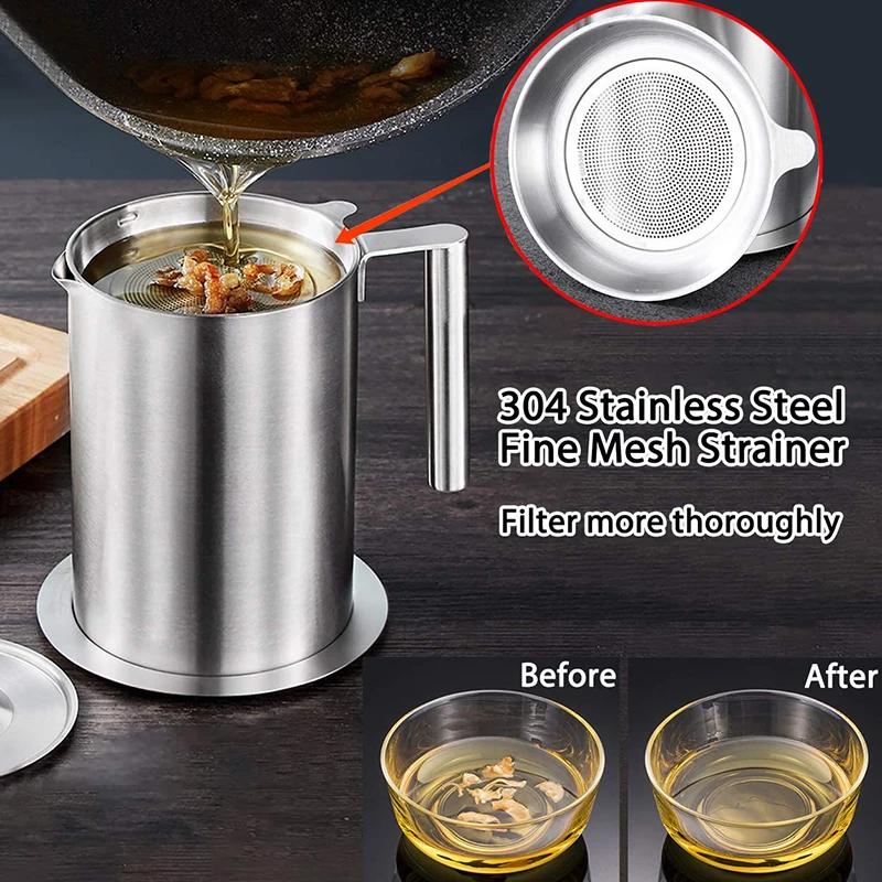 304 Stainless Steel Grease Strainer Container Large Oil Storage Pot Grease Keeper with Lid and Handle Kitchen Cooking & Frying