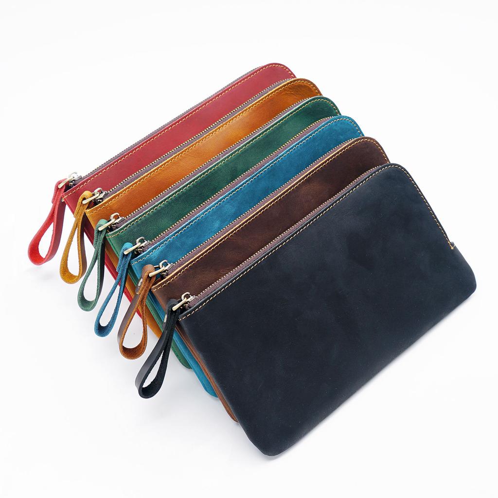 Crazy Horse Leather Zipper Pen Bag Large Capacity Multi-Function Storage Case with Removable Pencil Case