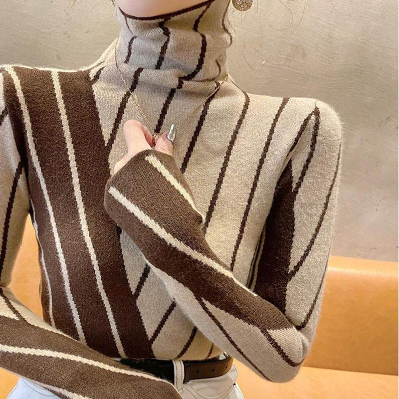 High Collar Sweater Women Autumn/Winter Casual Long Sleeve Popular Western Stripe Knitwear Pullover Sweater Top Women