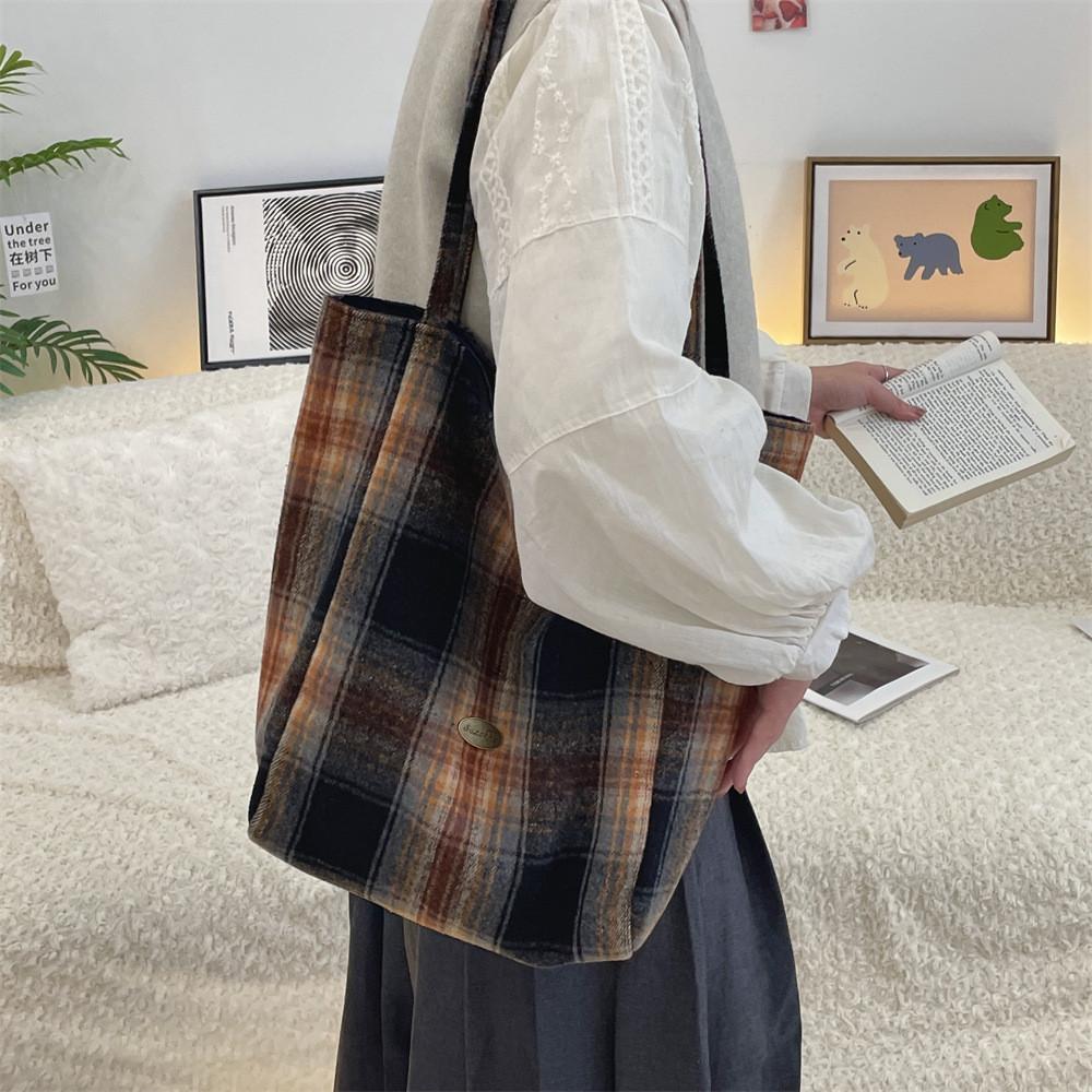 Vintage Plaid Woolen Tote Bag In Yellow Check And Brown Check With Spacious Design For Daily Use
