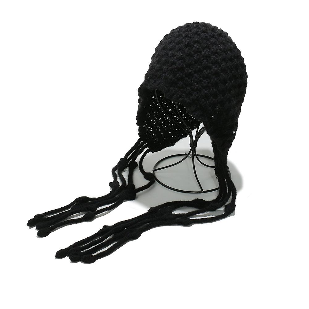 Autumn and winter warm wool hat, hand-woven hollow bag head hat, women's ethnic style fringed ear protector, knitted hat, women