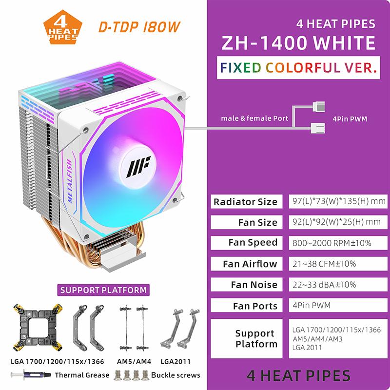 METALFISH CPU Cooler PC White Radiator 4PIN PWM Silent ARGB Fan For Intel 1700 1200 1150 1155 1156 1366 2011 AM5 AM4 AM3 x99 x79
