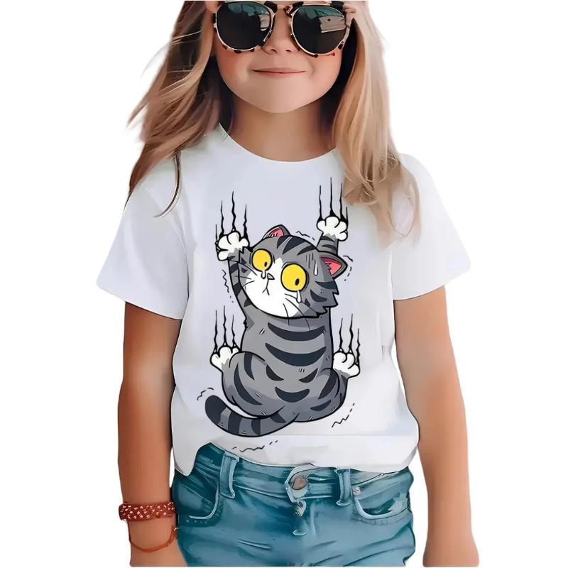 New Cartoon Cat Girl T-Shirt Short Sleeve Top Clothes Round Neck Top Fashion Junior Girls' Clothing Cute Outdoor Kids Tee