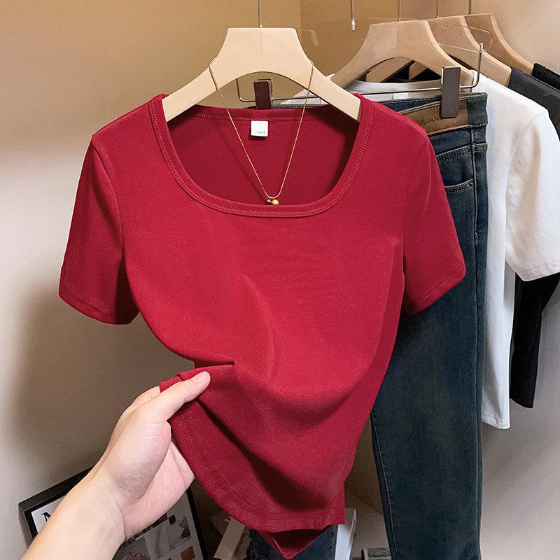 Plus Size French Style Square Neck Women's T-shirt - Tummy Concealing, Slimming Summer Short Sleeve Top
