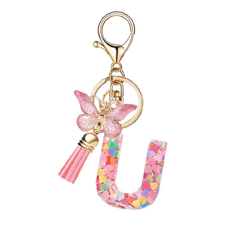 Fashionable Crystal Letter Keychain Sparkling Butterfly Tassels Charm Keyring Ornament for Women Girls Accessories